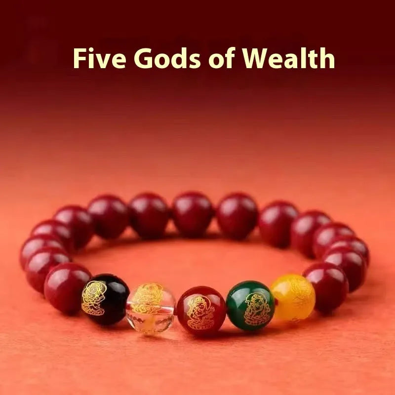 Cinnabar Five Gods Of Wealth bracelet with Pixiu animal charm in national style.