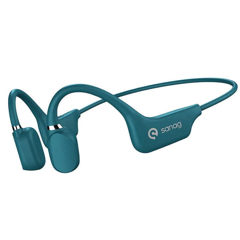 Bone conduction Bluetooth headset worn around the neck in retro green colour for sports running.
