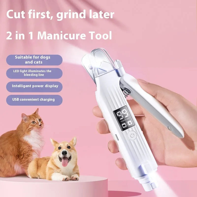 HZ8 White specification USB rechargeable dog nail clipper and grinder on a white background