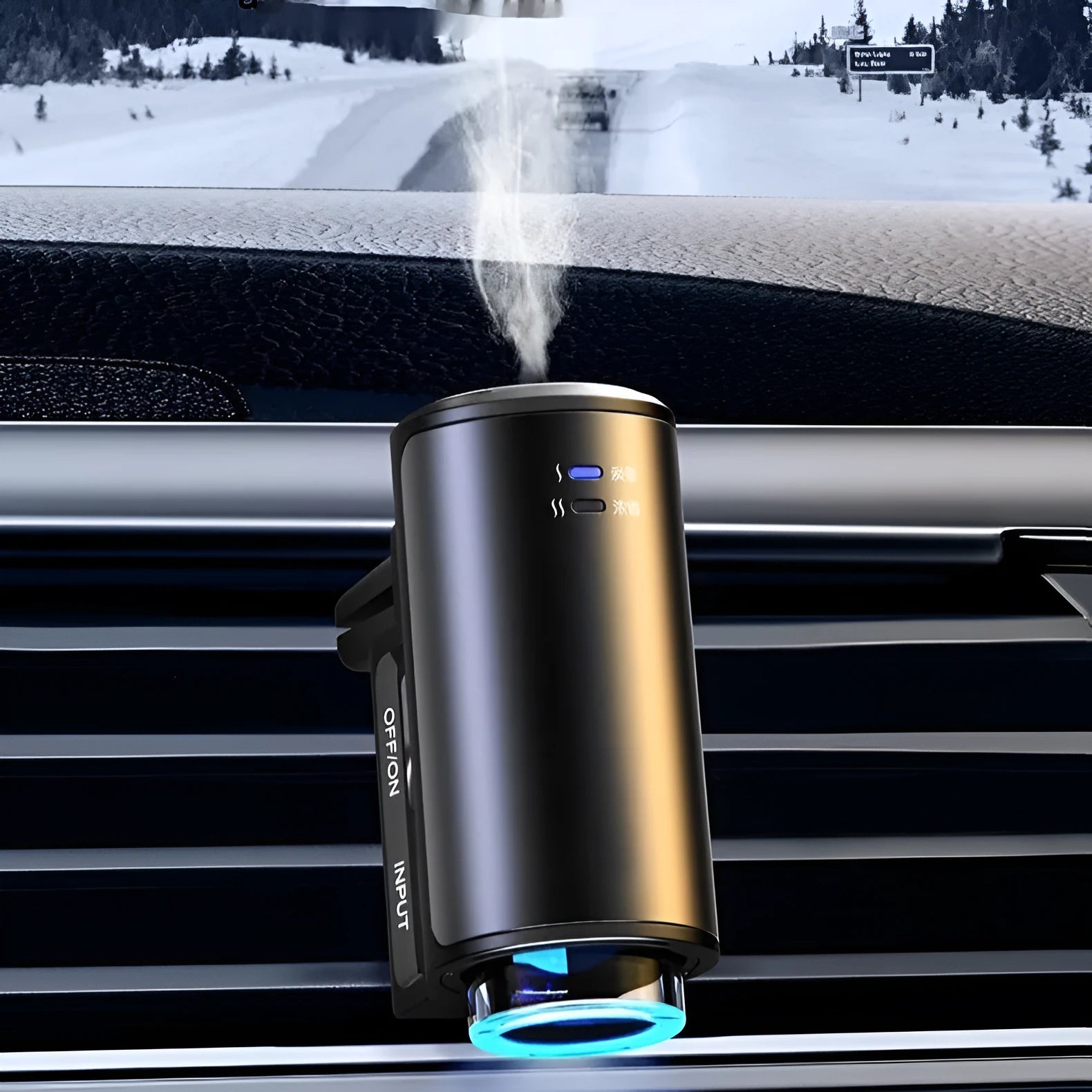 Obsidian black car aroma diffuser clipped to vehicle air vent with essential oil bottles