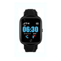 Square faced GPS smartwatch for elderly with black silicone strap on a wrist.