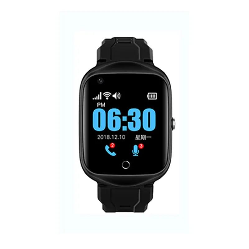 Square faced GPS smartwatch for elderly with black silicone strap on a wrist.