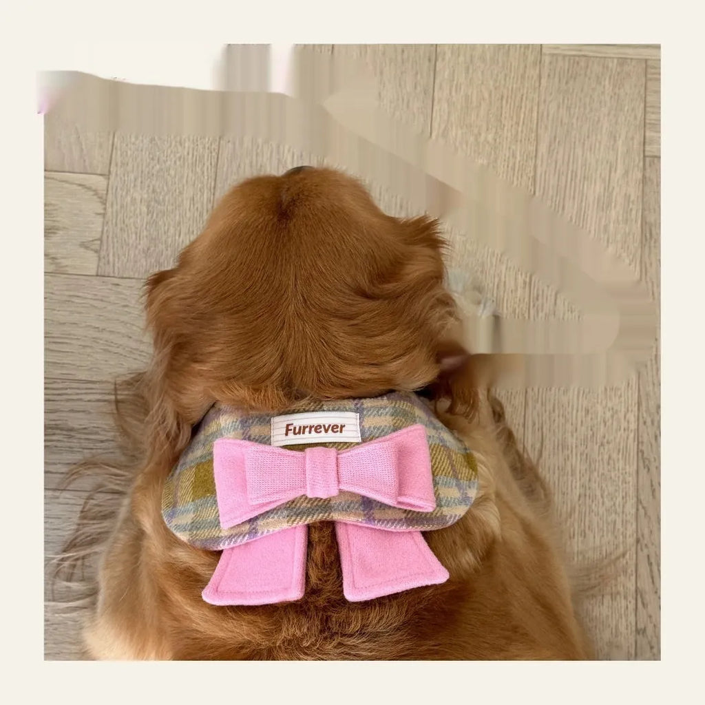 My Maillard Puppy Bow Bib in Maillard Gift colour, adjustable polyester dog feeding collar with decorative bow, size options from Mini to XL