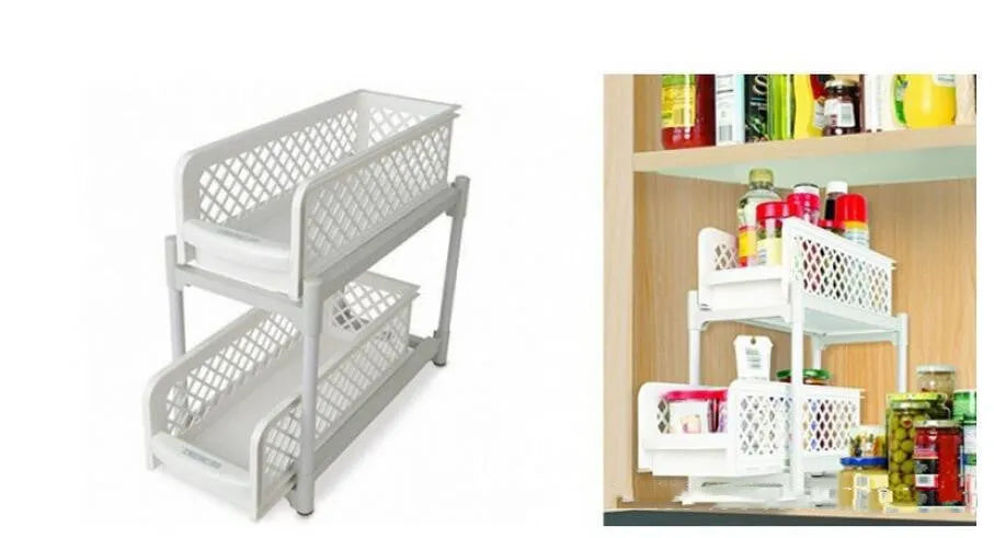 White plastic two-tier desktop storage rack on a bathroom counter holding toiletries, 41.5cm wide