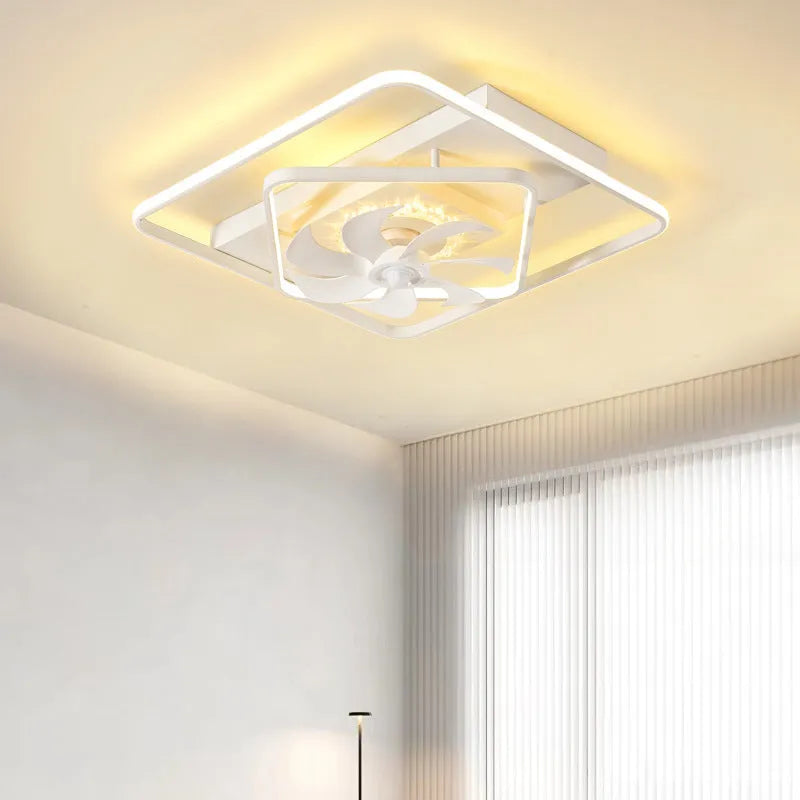 Modern thin suction ceiling fan lamp with acrylic light shade and plastic blades mounted on a white ceiling.