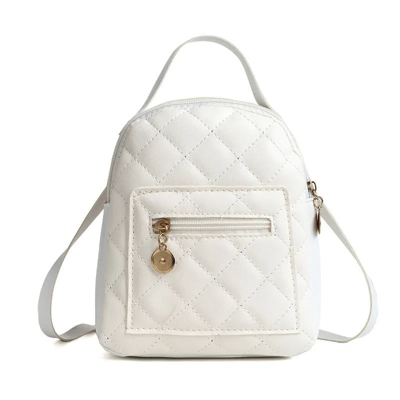 Girls' hard square embroidered backpack in white colour showing front design and soft handle.