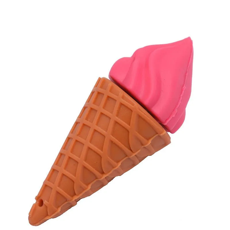 Miniature pink ice cream cone USB flash drive on a white background