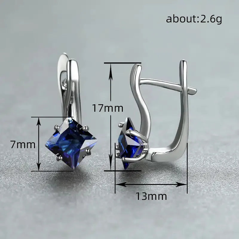 Women's copper earrings with diamond design featuring inlaid zircon elements in blue, colour, and green options