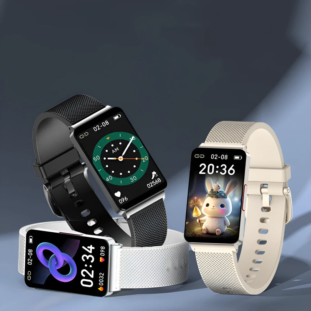 Blood glucose smart bracelet with touchscreen on a wrist, showing black, gold, and silver colour options.