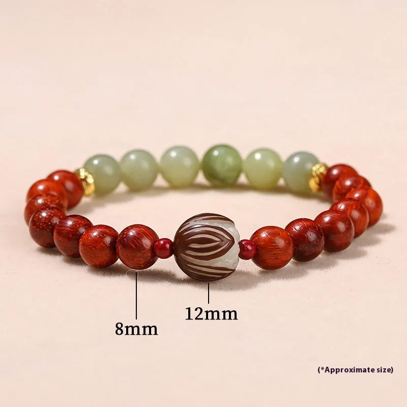 Red rosewood and grey jade Bodhi lotus bracelet with 8mm beads and 12mm charm.