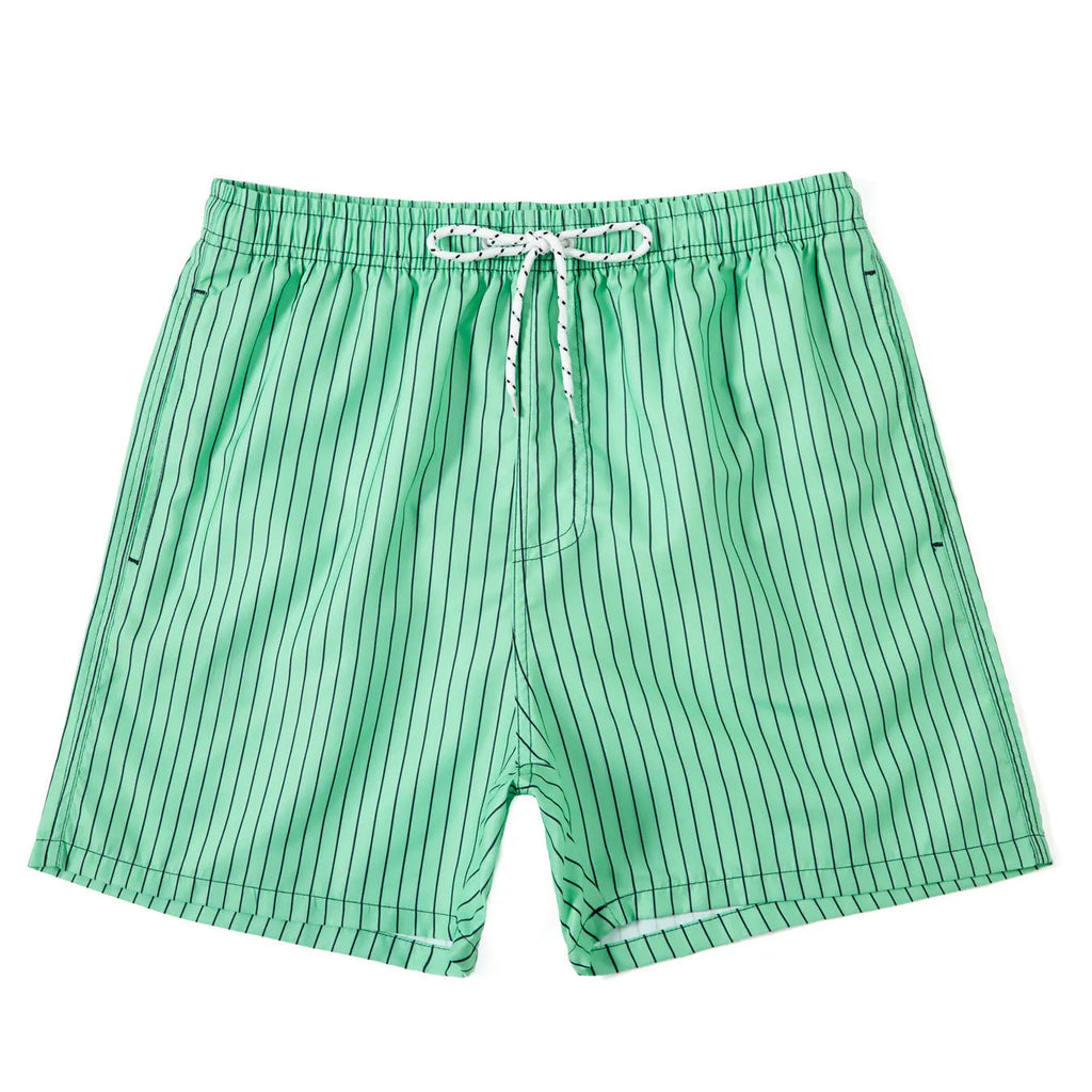Polyester fibre beach shorts with striped triangle lining in straight leg design