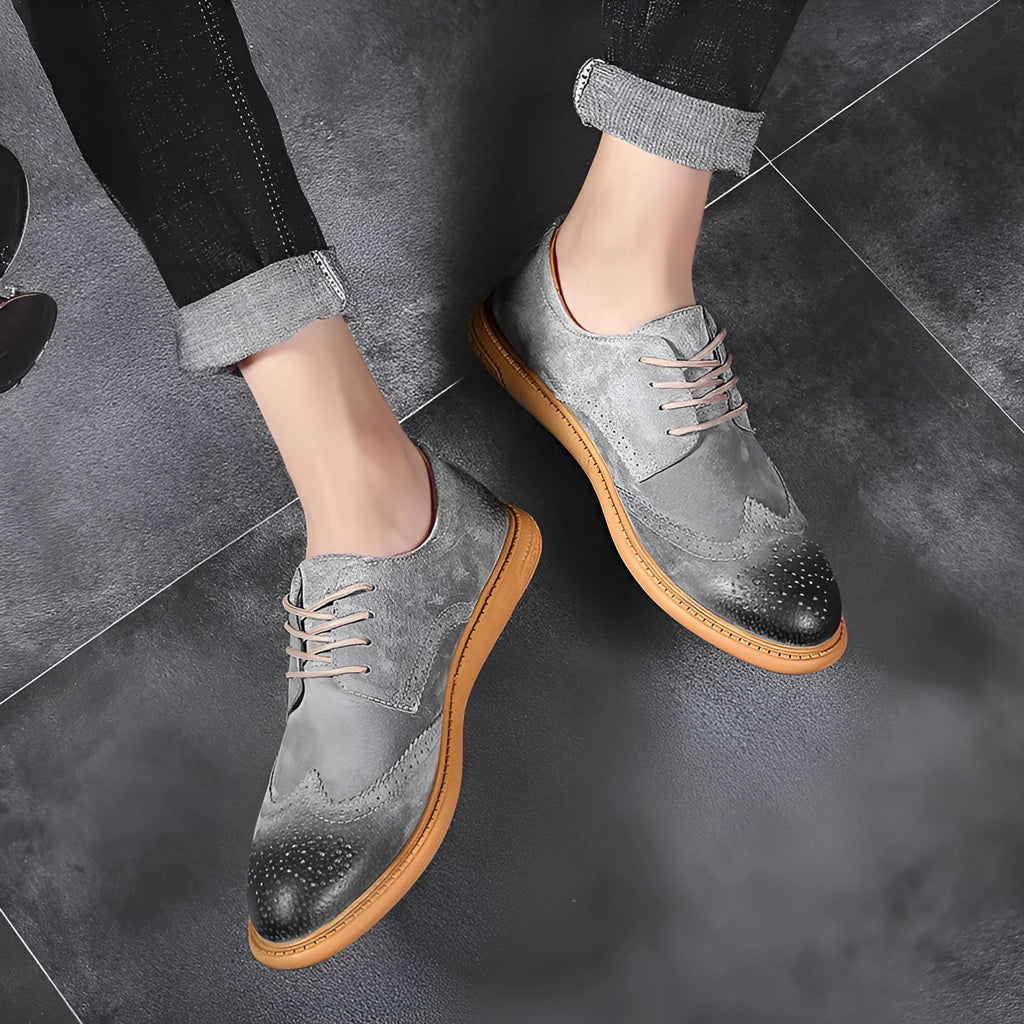 Men's grey genuine leather business shoes with retro lace-up design and rubber sole