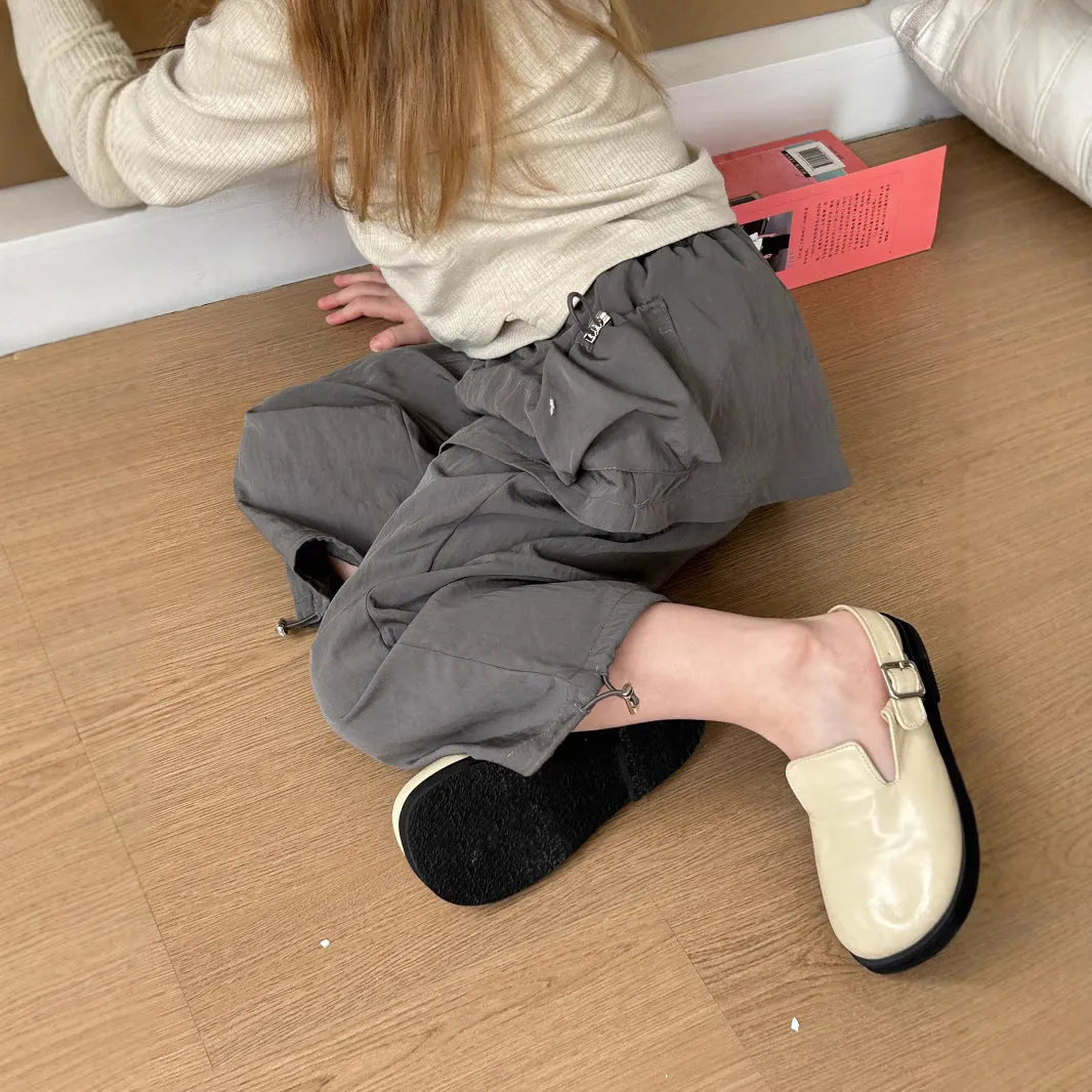 Girls' loose casual trousers with fart curtain, solid colour apricot, mid waist, chemical fibre blend, for heights 90-150cm