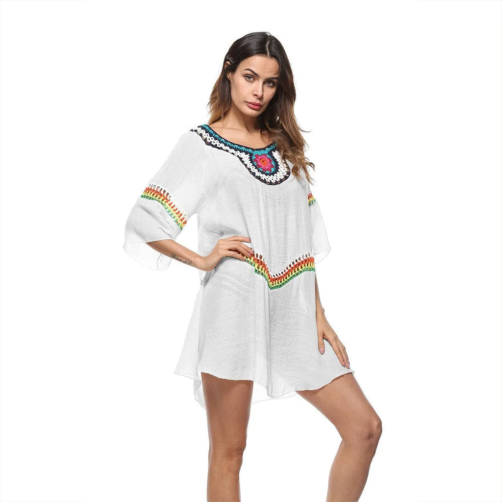 Ethnic style crochet sun protection dress for women in apricot colour, suitable as a beach cover-up.