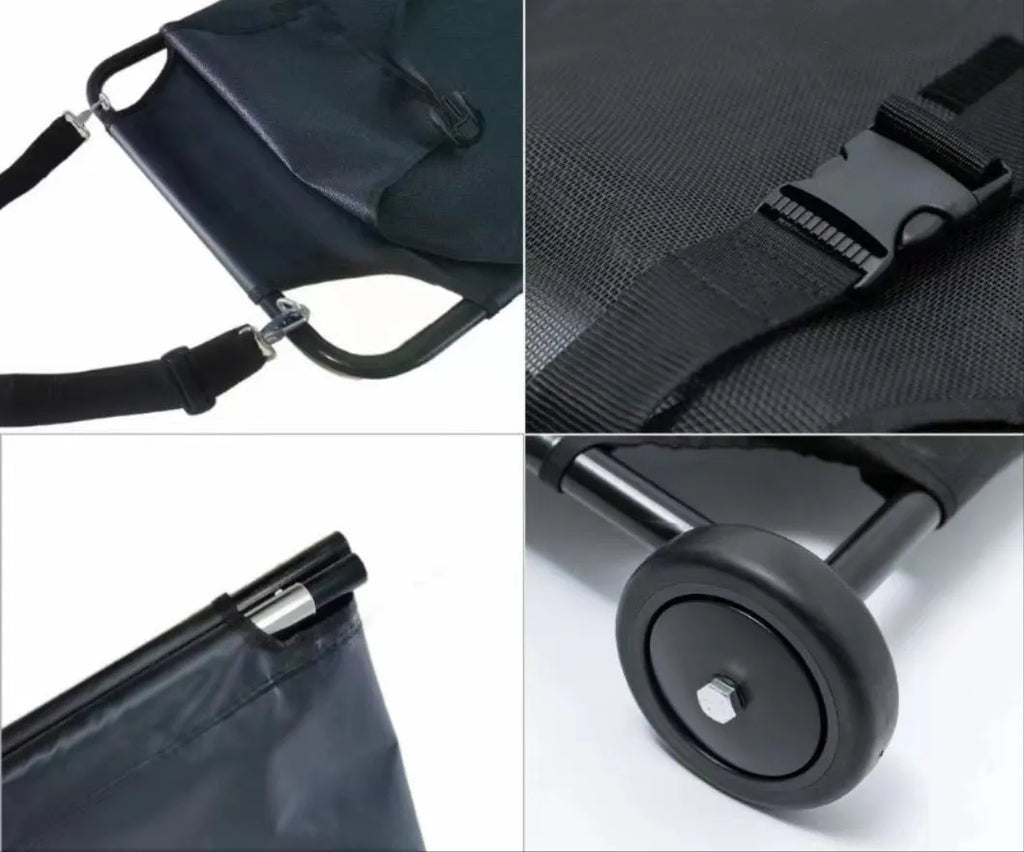 Large black foldable aluminum alloy pet stretcher with nylon straps for emergency dog transfer