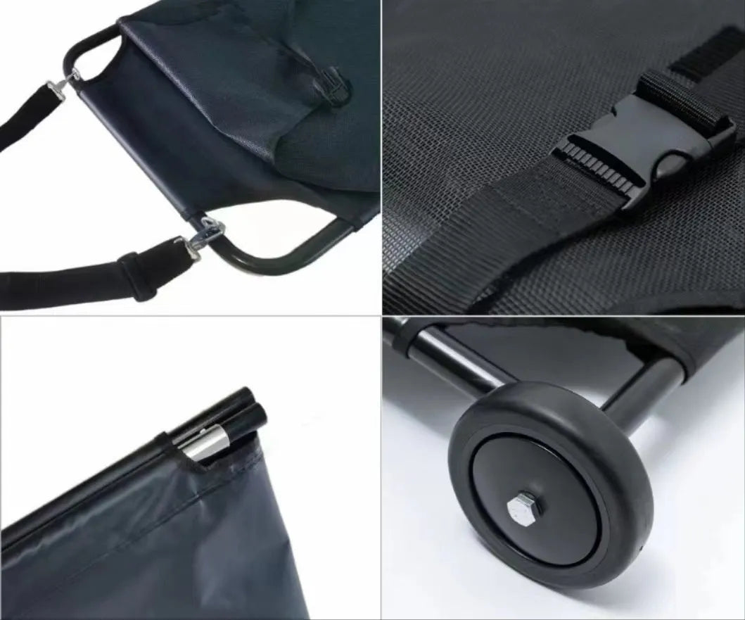 Large black foldable aluminum alloy pet stretcher with nylon straps for emergency dog transfer