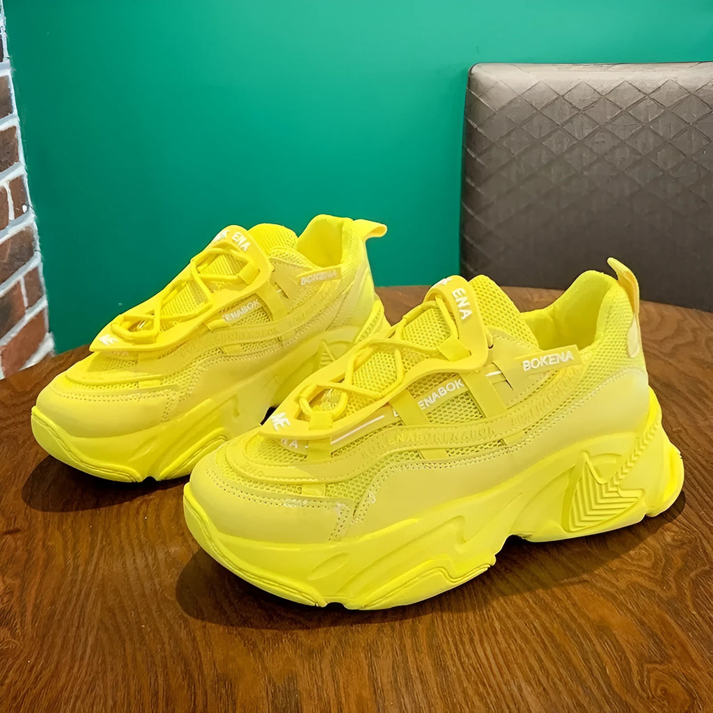 Women's thick-soled casual sneakers with breathable mesh lining and cross belt detail in multiple colours