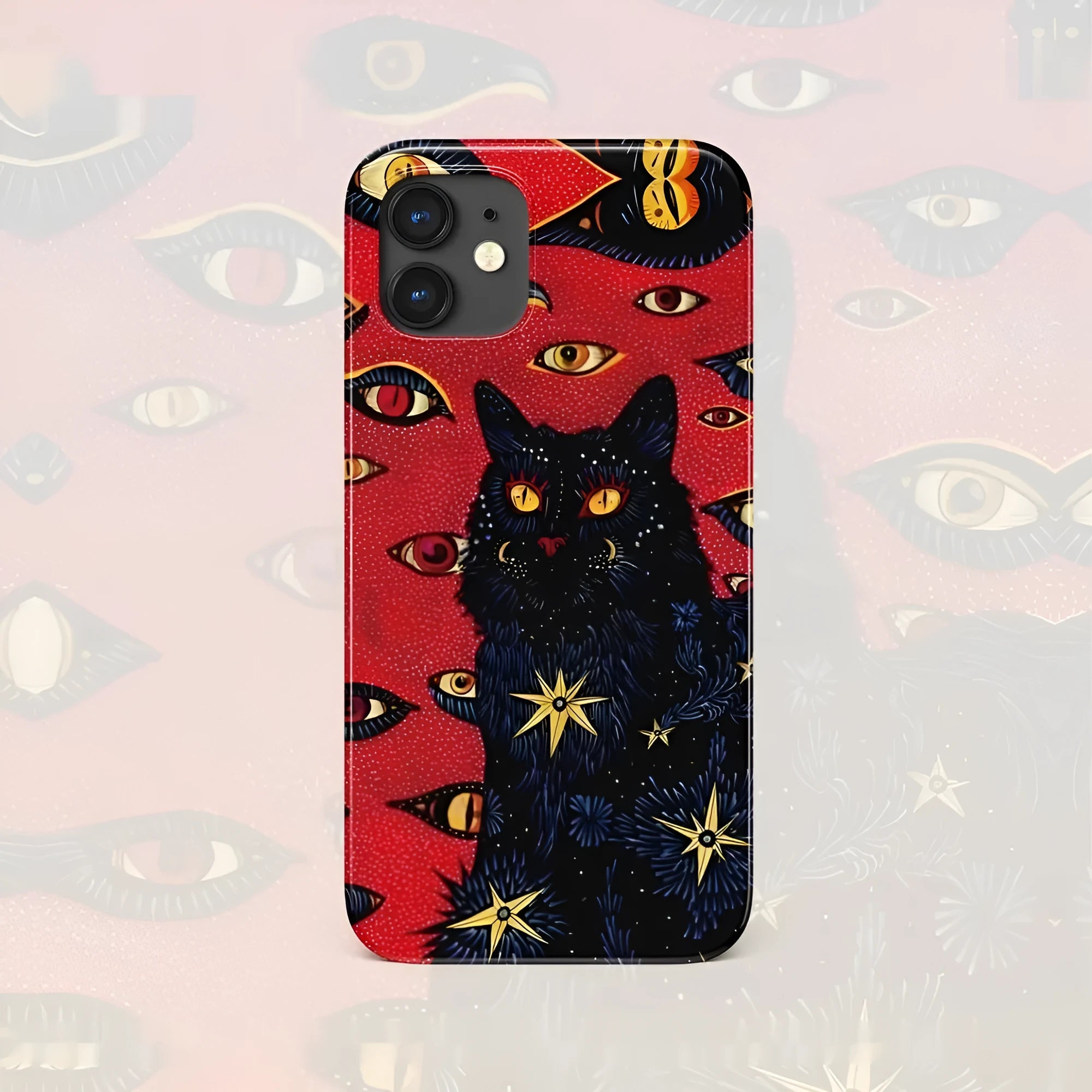 Retro cat eye design hard shell phone case for iPhone, shown in frosted and glossy finish options.