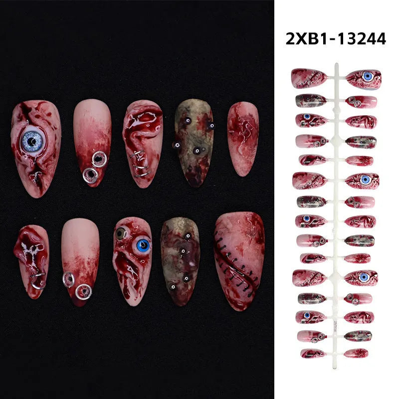 30-piece almond 3D stereo fake nails set in colour 2XB1-13244 for ladies Halloween wear