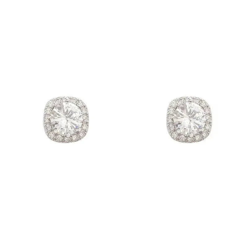 Square diamond geometric women's earrings in alloy metal, shown in silver and gold colour options.