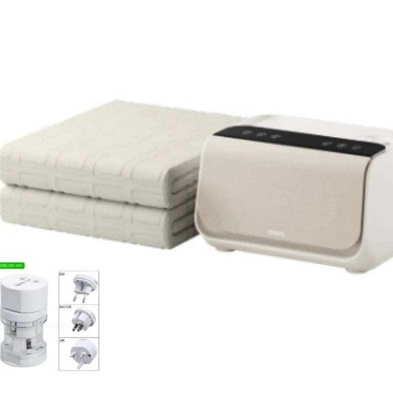 Aideng plumbing electric water blanket with smart host controller in plush cover, showing 1.4x2m and 1.8x2m size options