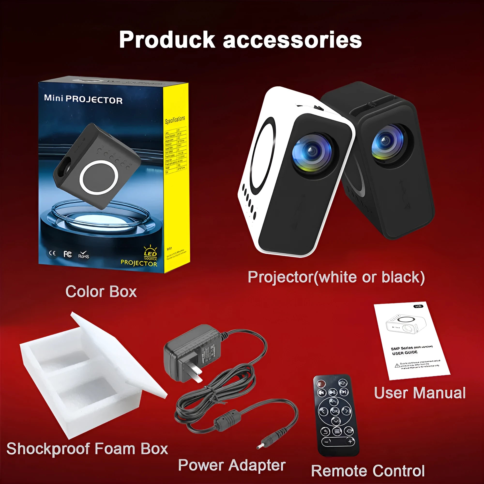 YT300 black or white portable mini projector with remote control on a table, showing compact size.