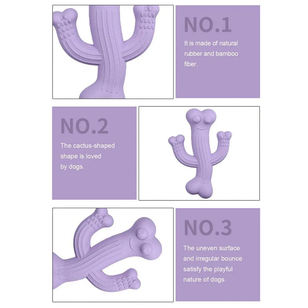 Cactus-shaped dog chew toy in bamboo fibre and rubber, shown in beige, blue, and purple colours.