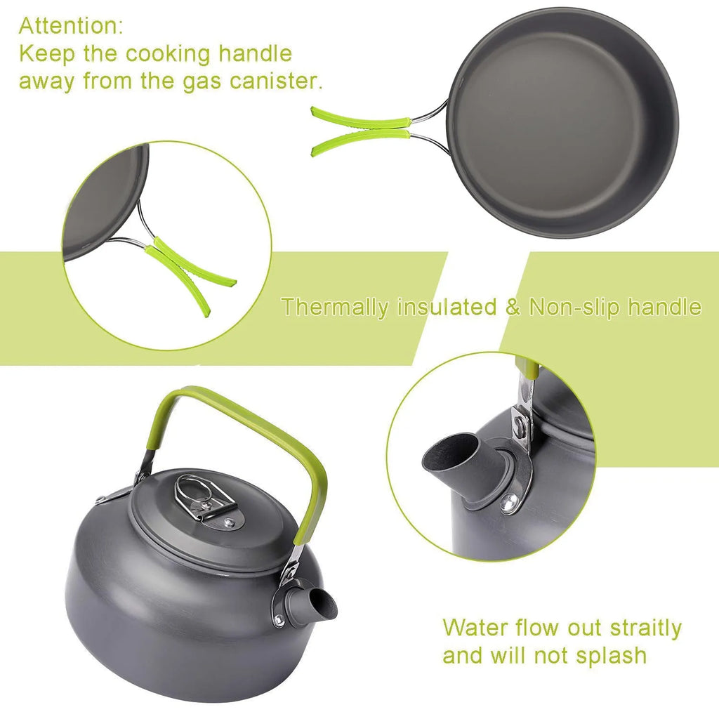 Camping cooker set with hard aluminium boiling pan, frying pan, teapot, stainless steel cutlery, cups, and plates on outdoor table