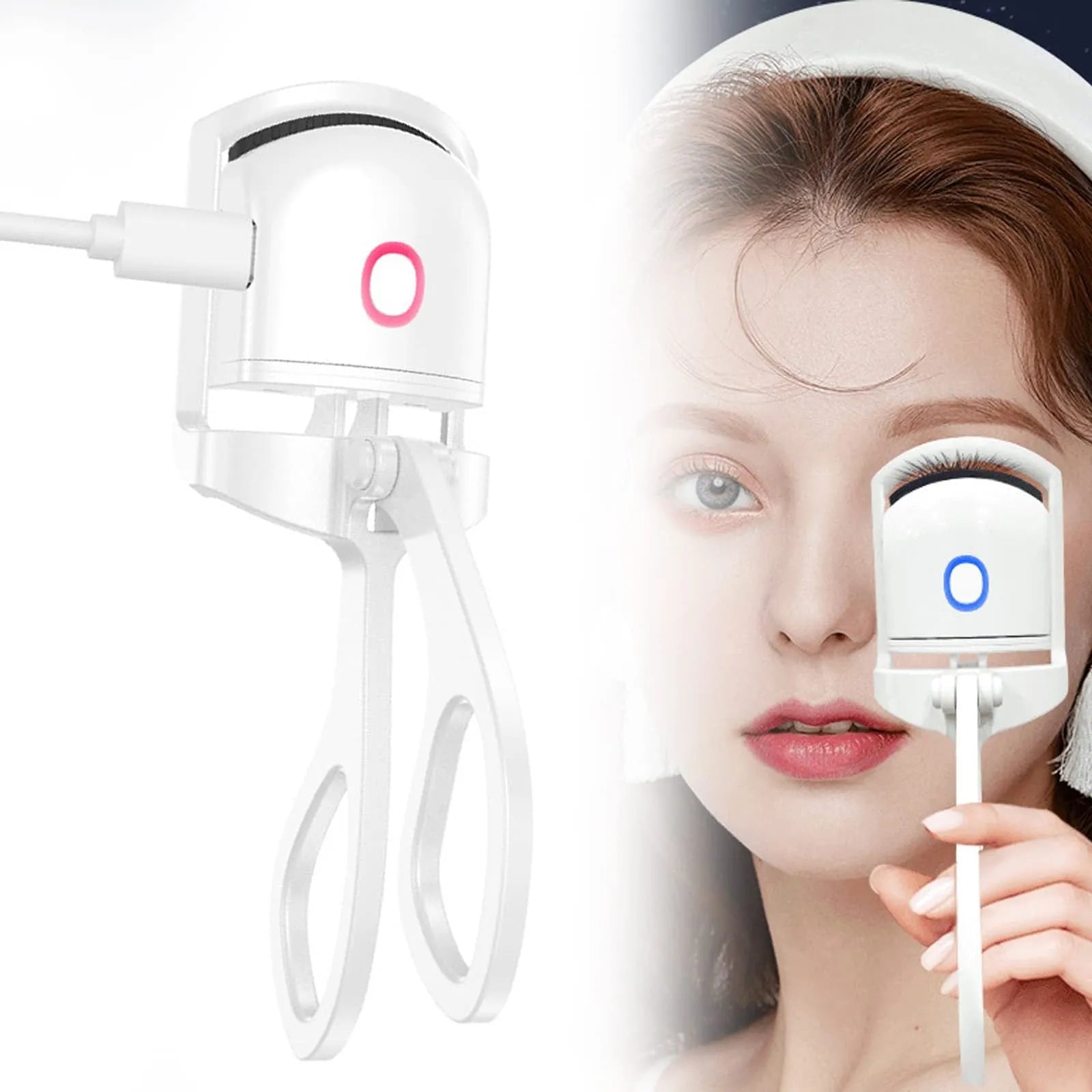 White and pink USB rechargeable heated eyelash curler with temperature control settings.