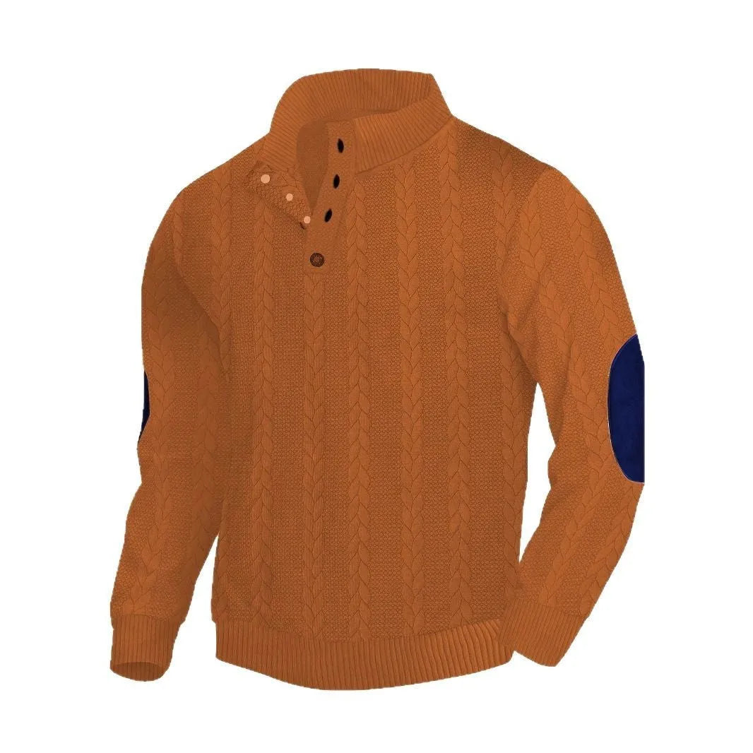 Cotton blend long-sleeve sweater with jacquard buckle and embroidered patch shown in a neutral colour