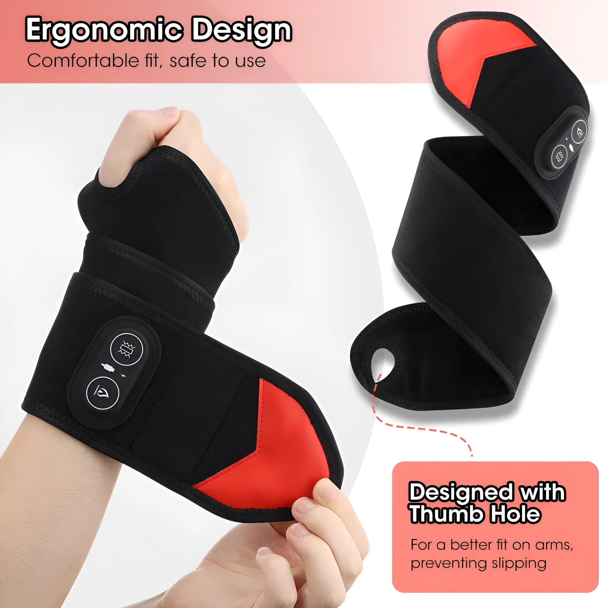 Black red light heat wrist massage strap with 36 LED beads and vibration function on a plain background