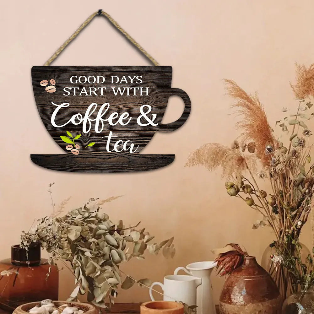 Retro coffee cup wooden wall hanging with UV print, American country style, 30x20x0.5cm