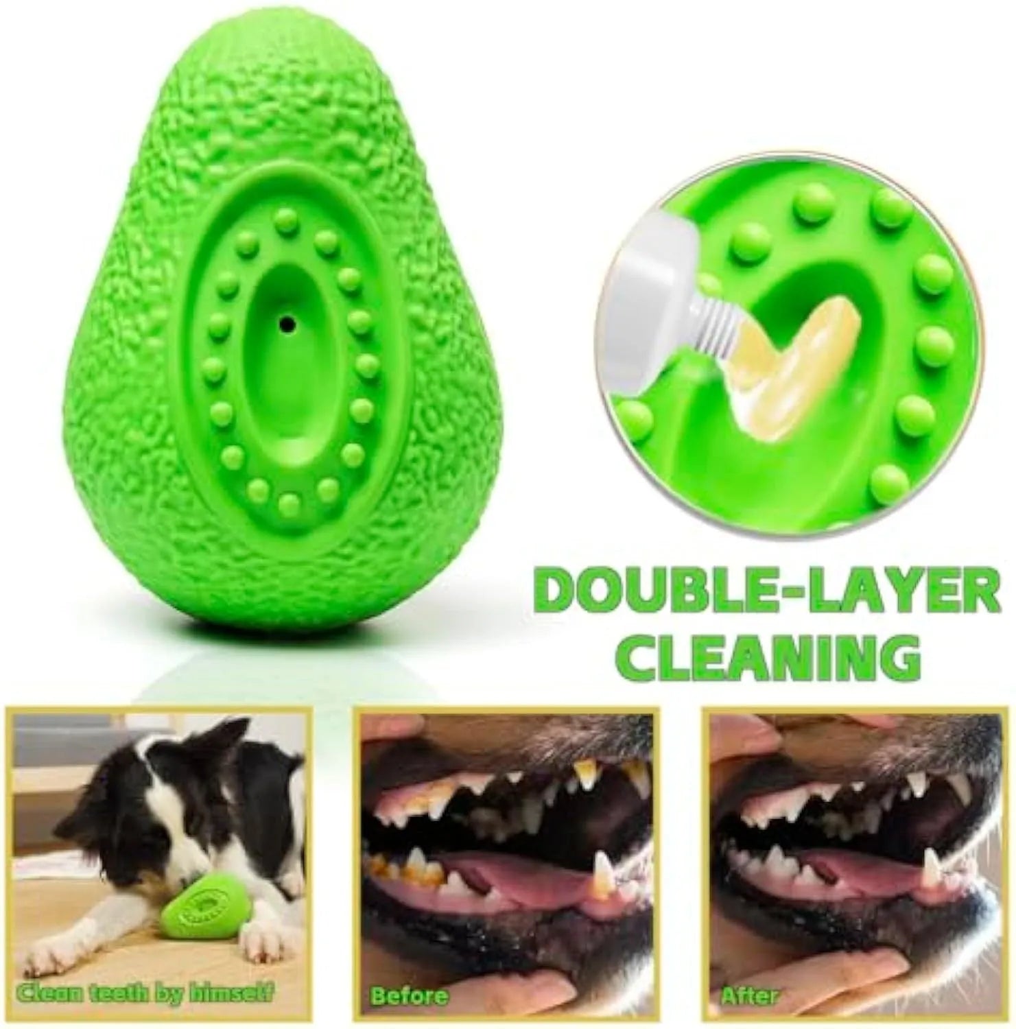 Green avocado-shaped heavy duty rubber dog chew toy for aggressive chewers on a white background.