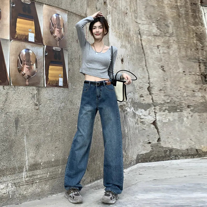 Women's high-waist straight-leg jeans in retro blue denim, shown in cropped, standard, and long lengths.