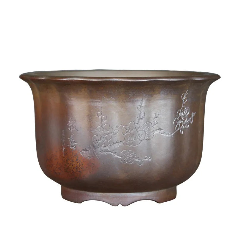 Indoor antique carved purple sand ceramic bonsai pot in classical style