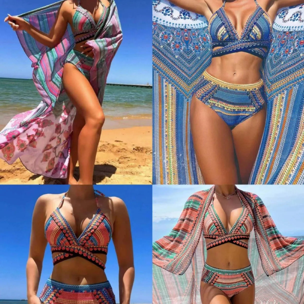 Women's blue three-piece bikini set with cross bandage bra, high-waisted briefs, and a matching smock.