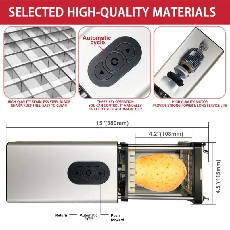 Black electric French fry cutter machine with stainless steel blades on a countertop.