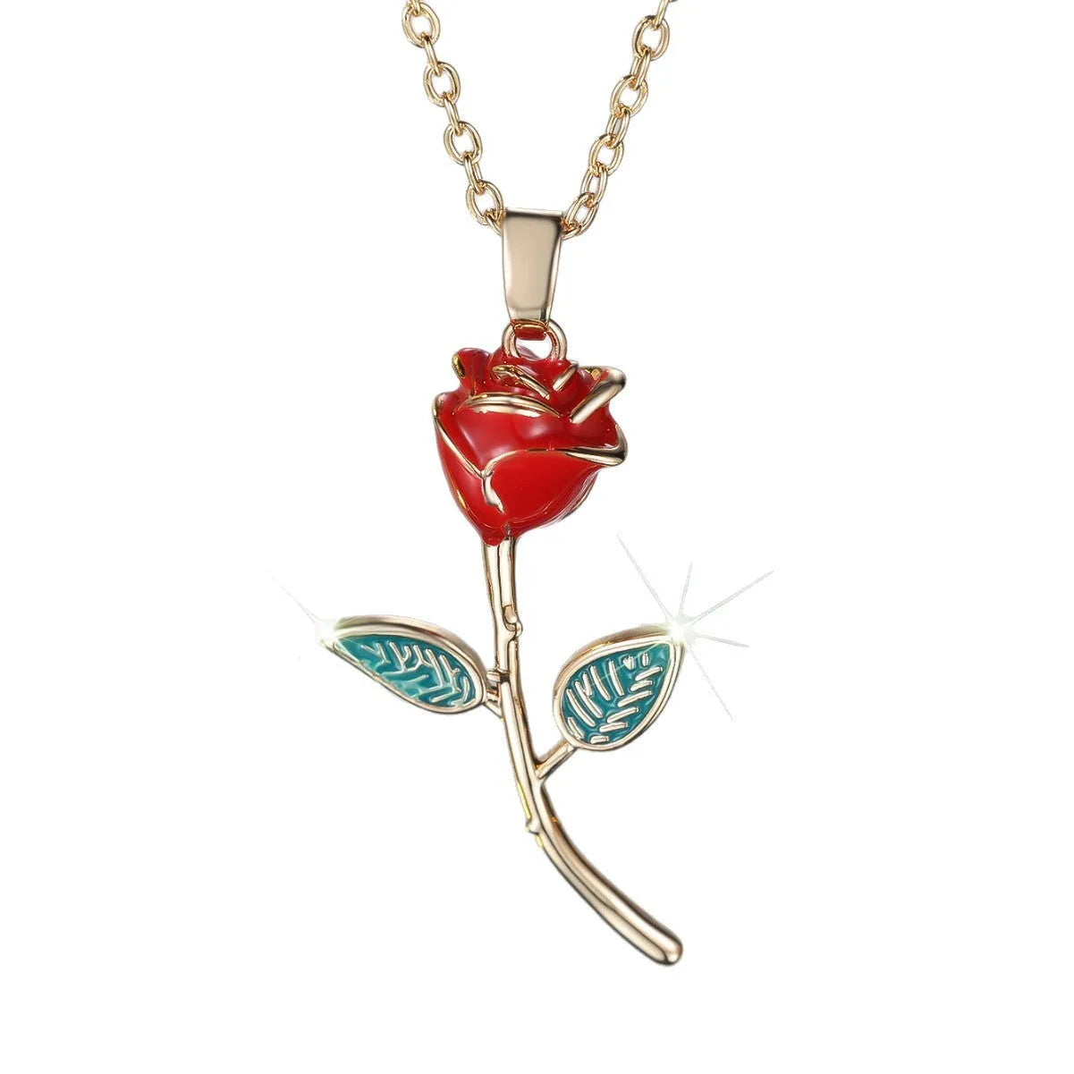 Close-up of a champagne gold rose-shaped copper pendant on an O-ring chain, with adjustable 41-50cm length.