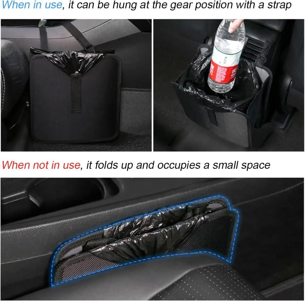 Black foldable car hanging trash can made from Oxford cloth, shown with dimensions.