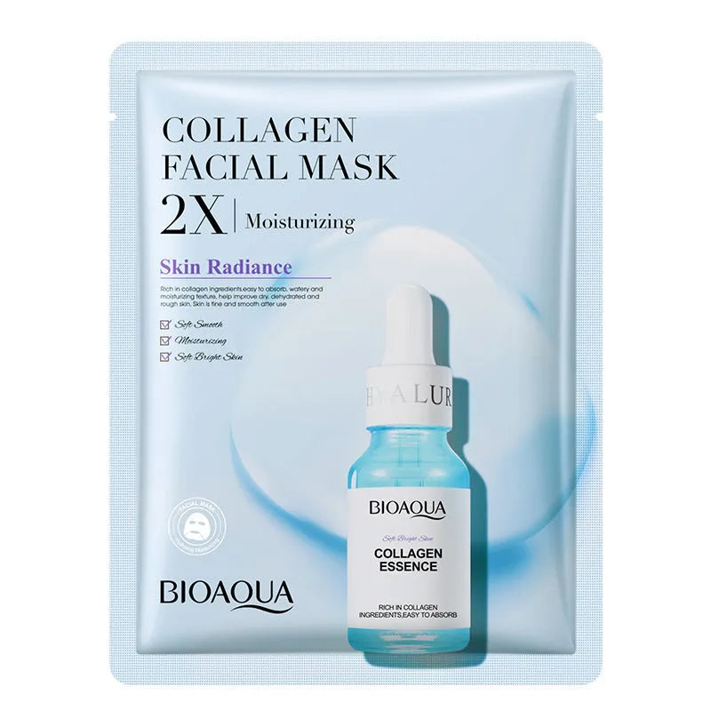Collagen face sheet mask with 30g gel formula showing hyaluronic acid and Centella Asiatica variants