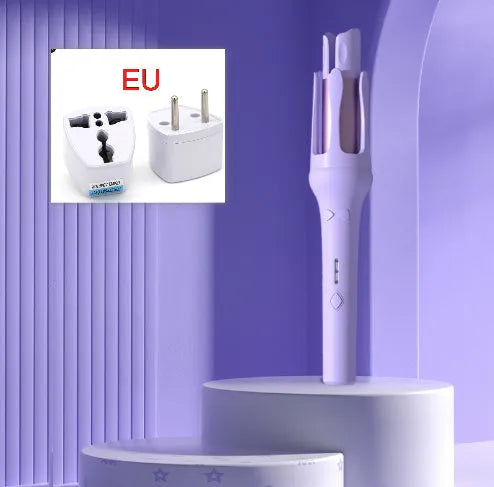 White and pink automatic hair curler with a rotating 32mm ceramic barrel and international plug adapters.