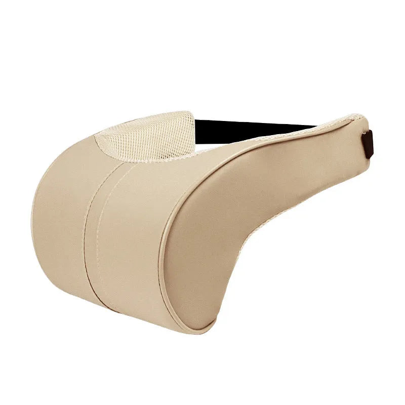 Memory foam car cushion headrest with leather exterior and cotton filler shown in coffee colour