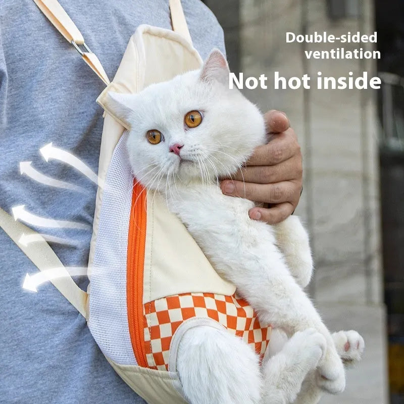 Soft polyester pet backpack with transparent window panel showing cat inside, front pocket, and adjustable straps