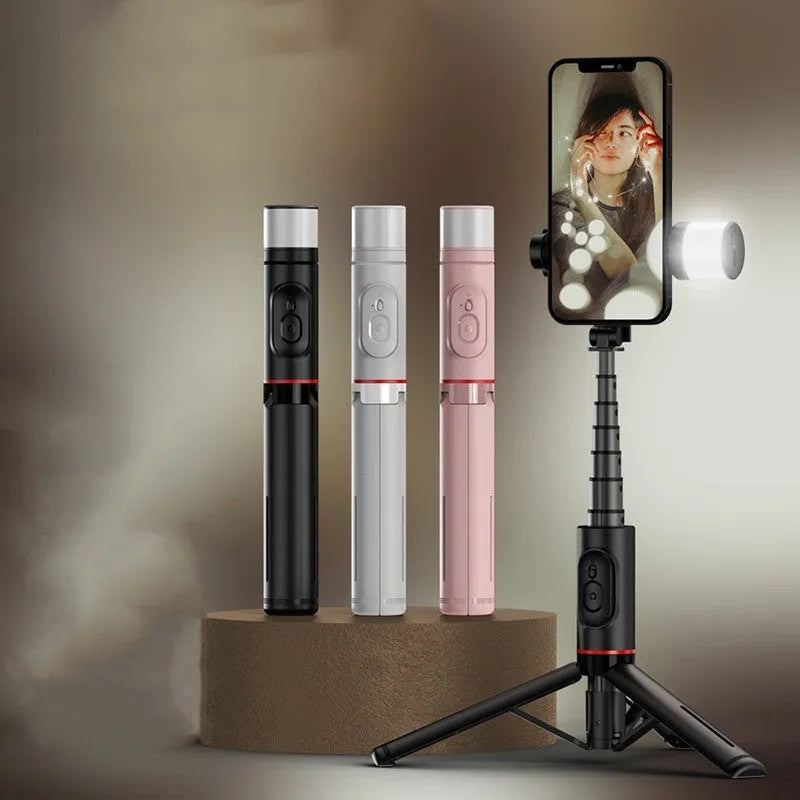 Black aluminium alloy selfie stick with built-in fill light, Bluetooth remote, and extendable arm for mobile phone