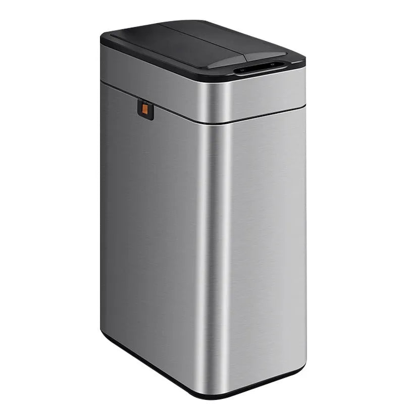 Stainless steel square automatic trash can with induction lid open.