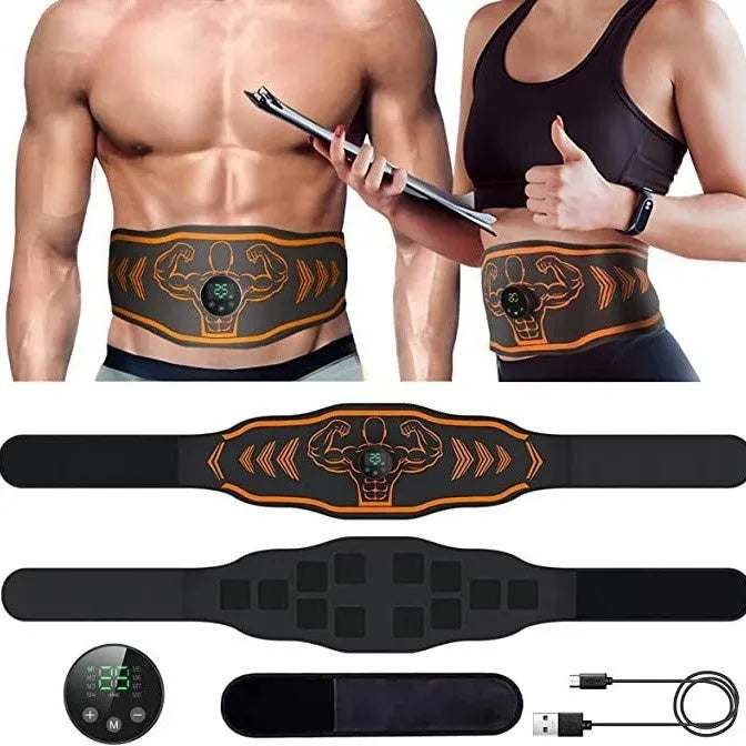 Blue and orange EMS smart massage belt with host unit, large electrode pad, and two smaller arm stickers on a grey background.