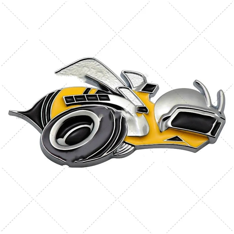 Pair of large zinc alloy Big Bee car bumper stickers showing front design and colour options.