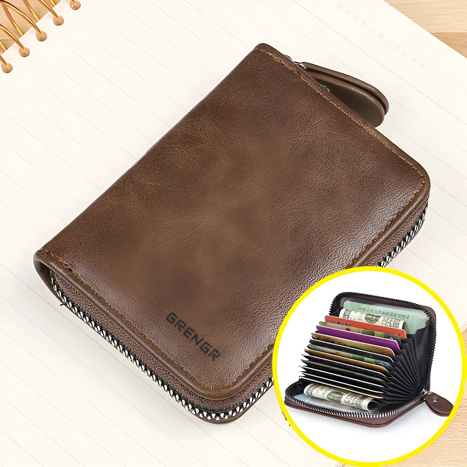 Dark brown synthetic leather anti-degaussing card holder with RFID blocking and 9-card capacity