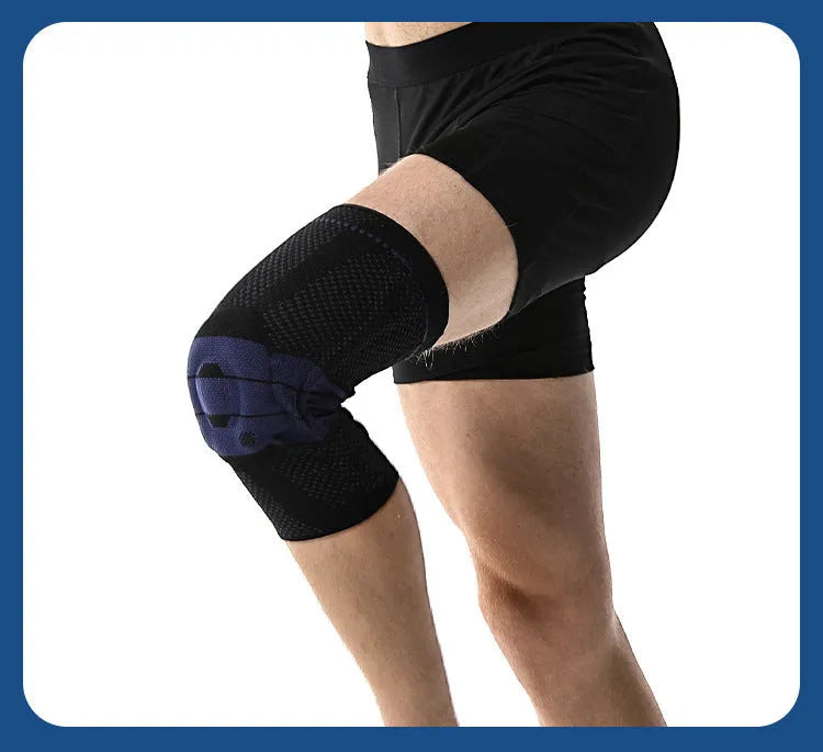 Adult sports knee pads in black and blue colour, made from nylon and spandex.