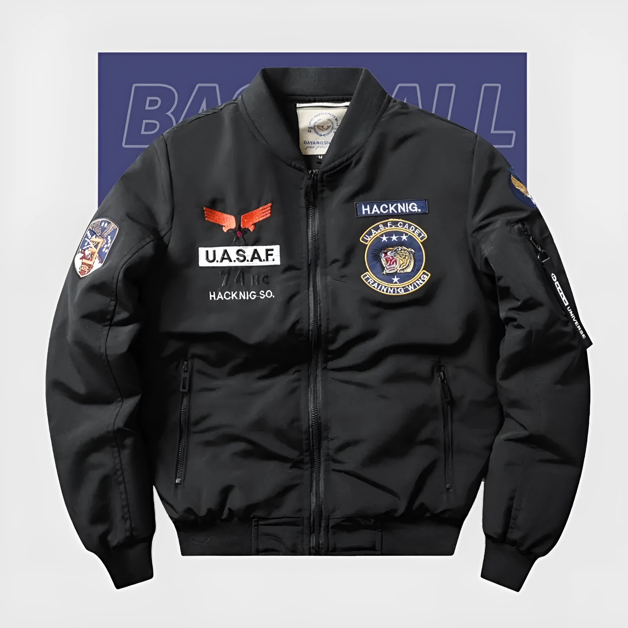 Men's slim-fit stand collar retro embroidered cotton-padded coat in blue.